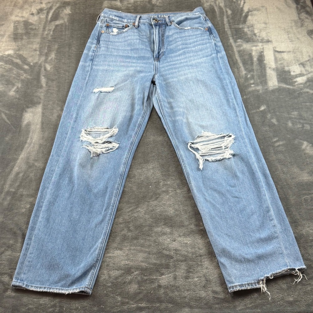 American Eagle Baggy Jeans Womens 8 Light Wash Distressed Ripped High Rise Wide
